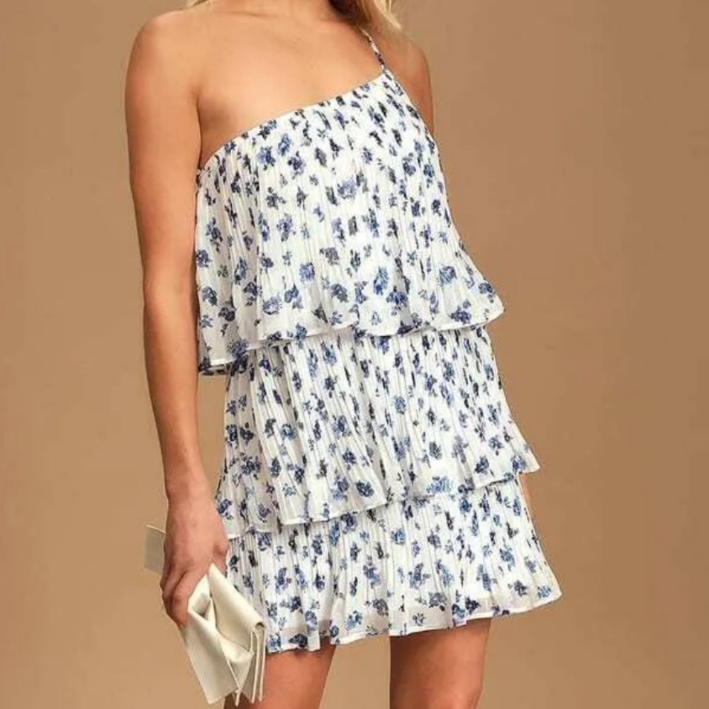 Blowing Kisses White and Blue Pleated One-Shoulder Mini Dress
